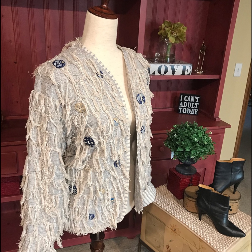 CRYSTAL, fringed and buttoned blazer size Medium